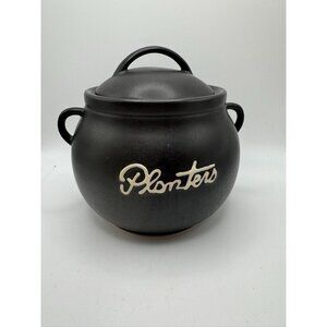 Vintage Planters Bean Pot Type Container with Lid 1970s Black Glass Jar Cookie